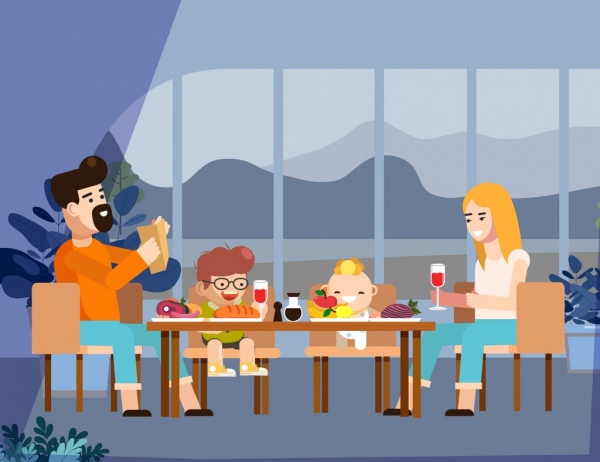 familiärer Hintergrund Eltern Kinder Abendessen Symbole cartoon-design