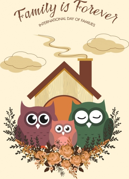 hari keluarga banner owl lucu ikon dekorasi