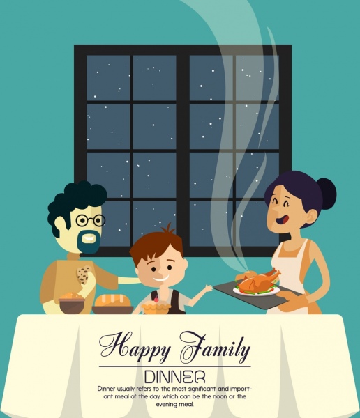 家庭晚餐橫幅父母孩子圖示卡通設計