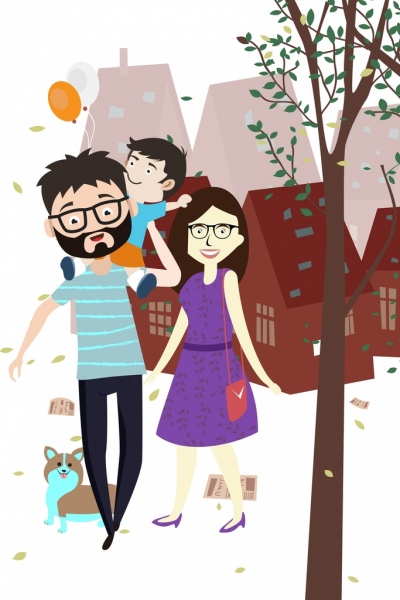 Семья, Рисунок цветными милый мультфильм дизайн
