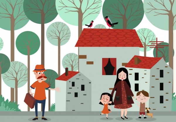 rodzina rysowania domów ludzi ikon kolorowe kreskówka wystroju
