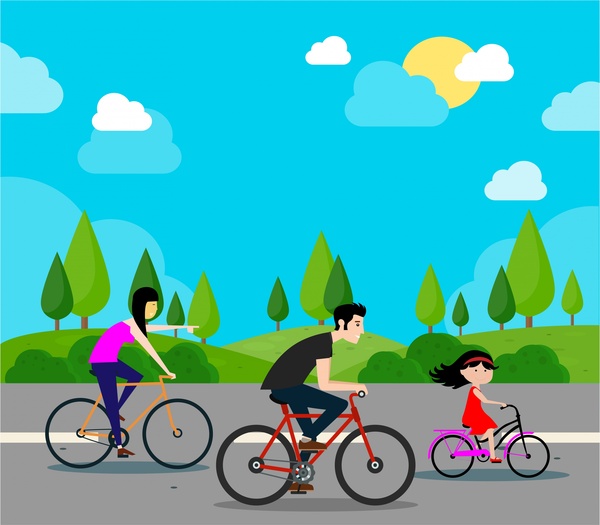 家庭幸福的向量插圖與自行車騎行活動