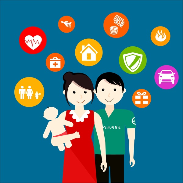 Ilustración de concepto de seguros familia con las personas y los iconos