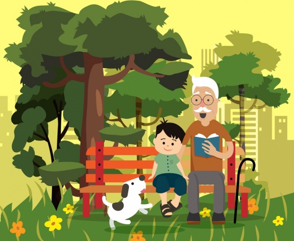 lukisan keluarga Kakek cucu park ikon kartun desain