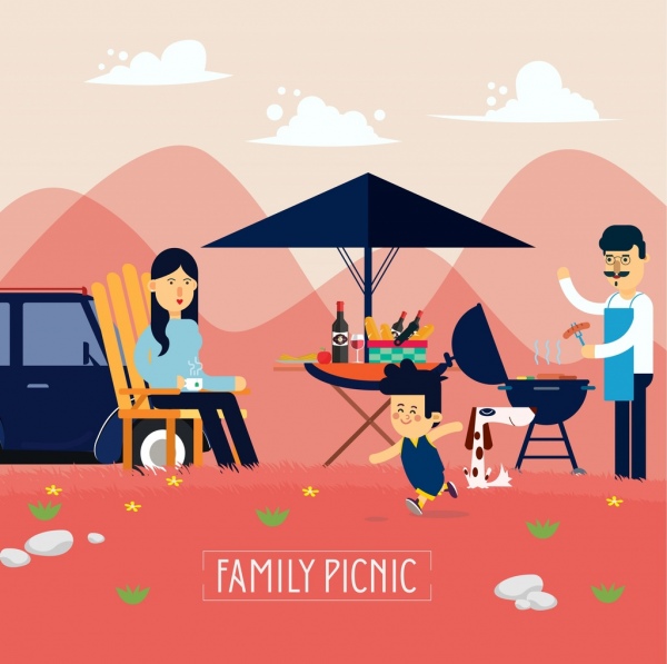 Los padres de familia de picnic barbacoa al aire libre iconos dibujo de niño