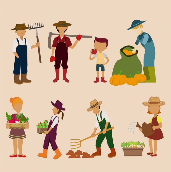 Family Works Isolated With Farmers Tools And Products