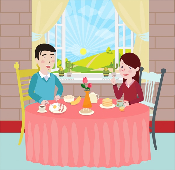 家族連れ朝食とカップルと食事のイラスト