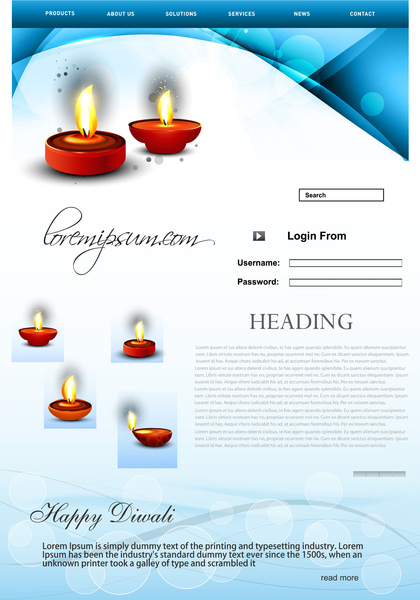 夢幻般的網站美麗的時尚快樂排燈節範本藍色豐富多彩的節日向量插畫