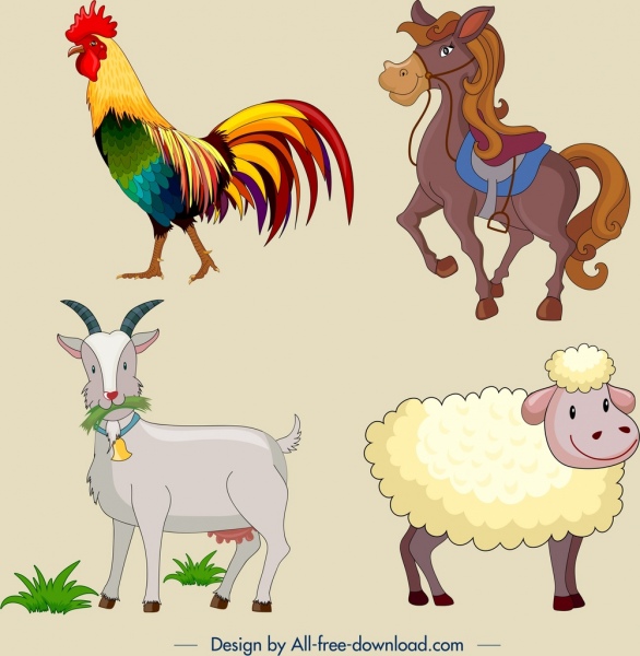 Farm Animal Icons Colored Cartoon Design