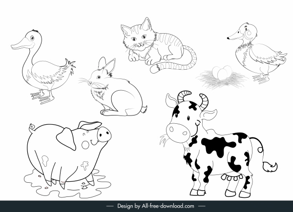 animales de granja iconos blanco negro dibujado a mano bosquejo