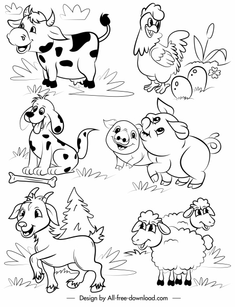 农场动物图标可爱的卡通素描手绘设计