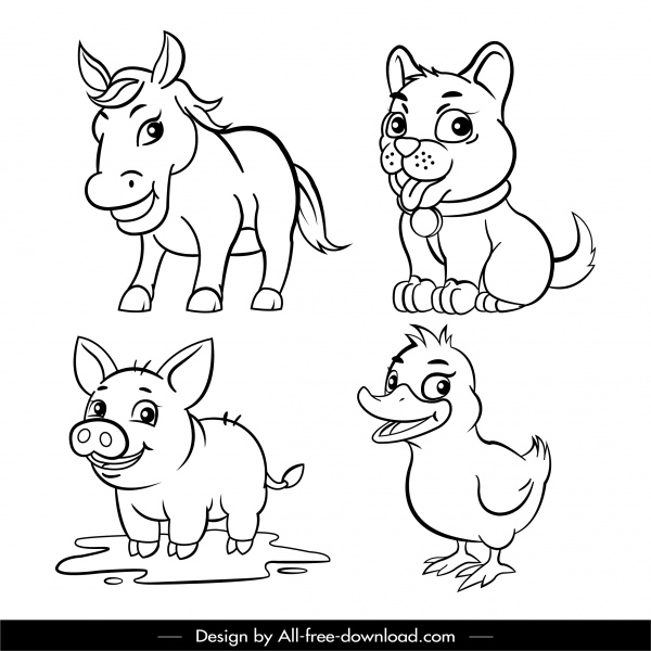 農場の動物のアイコンかわいい手描きの漫画のスケッチ