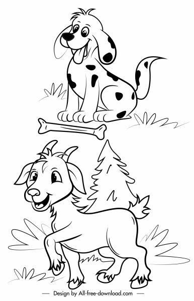сельскохозяйственные животные иконы собака коза эскиз handdrawn мультфильм