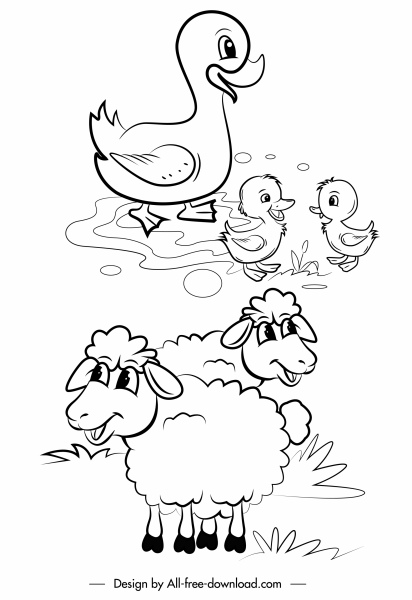 zwierzęta gospodarskie ikony kaczki owce szkic ręcznie rysowane kreskówki