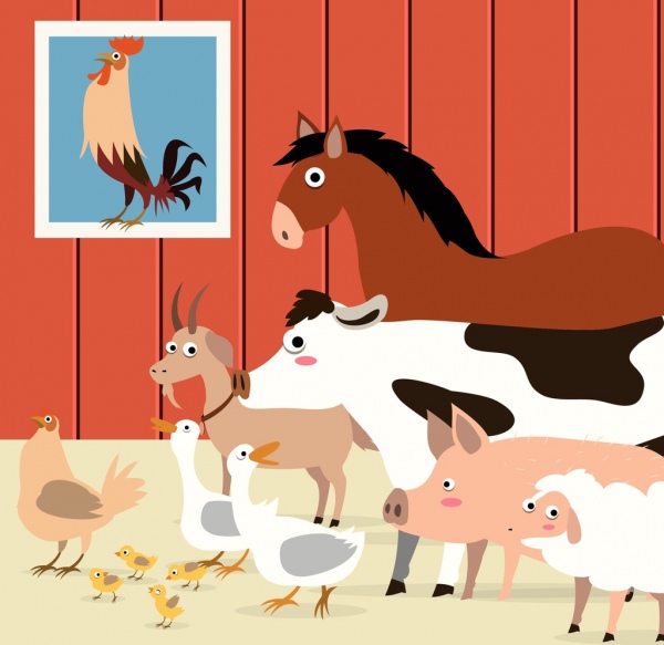 Granja de aves de corral de ganado los iconos de diseño de dibujos animados de colores de fondo