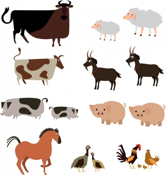 elementos de design de fazenda gado aves ícones esboço