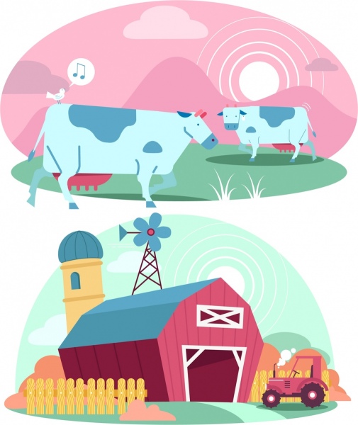 elementos de diseño de la granja de la vaca de los iconos de almacén de ganado