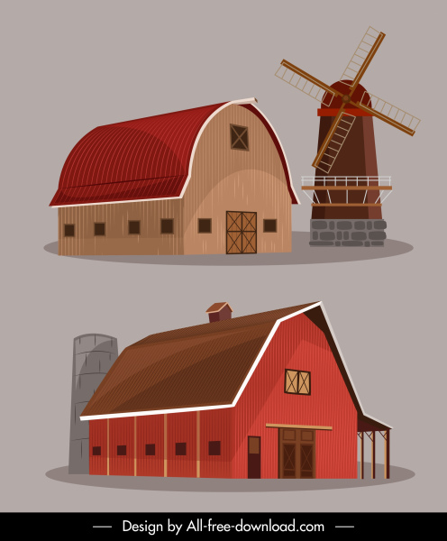 elementos de projeto de fazenda elementos armazém ícones moinho de vento esboço