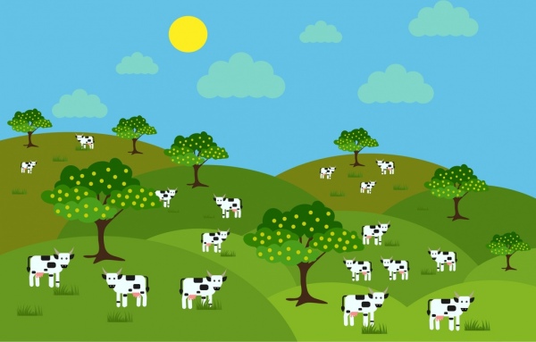 les icônes cartoon conception sur fond de paysage vaches laitières