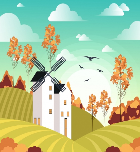 农田景观图风力发电场彩色卡通图标