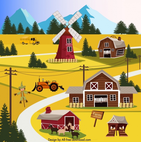 pertanian lanskap lukisan warna-warni kartun sketsa