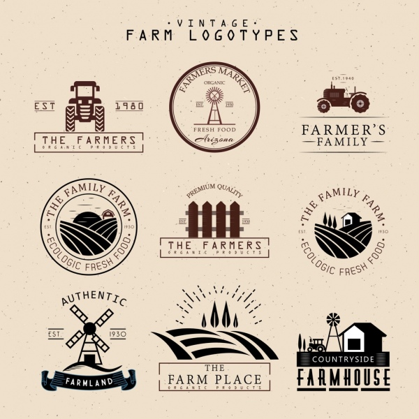 pertanian logotypes isolasi klasik desain flat berbagai bentuk