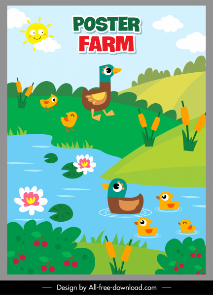 plantilla de póster de granja avicultura estanque boceto colorido plano