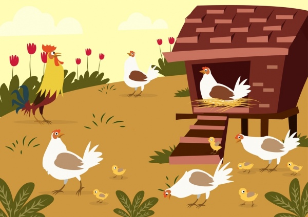 Ферма птицы Рисование петух курица иконы цветной мультфильм