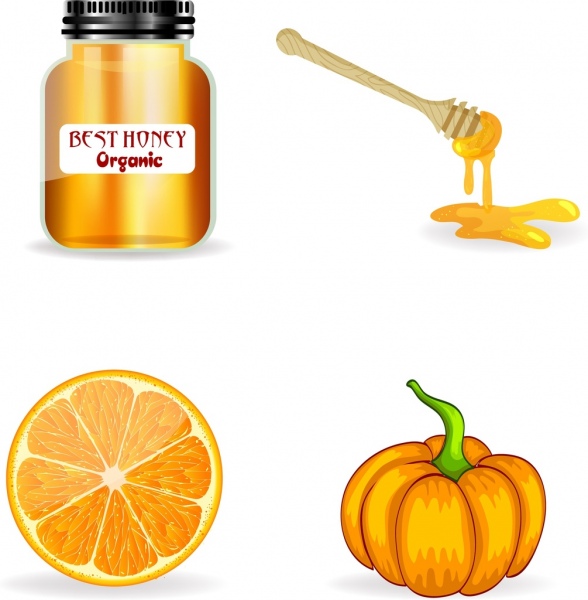 Los iconos de producto de granja miel naranja decoración de calabaza