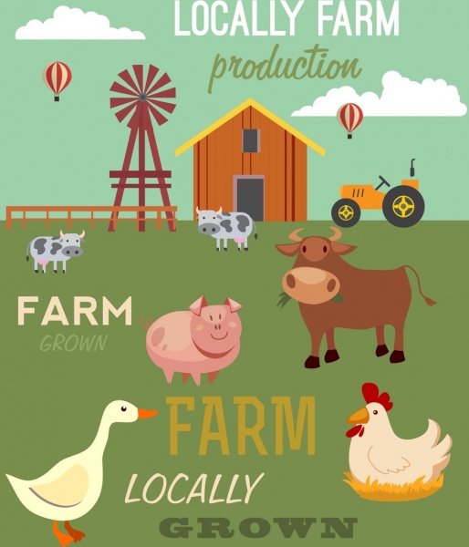 landwirtschaftliche Produkte banner farbigen Cartoon retro-design