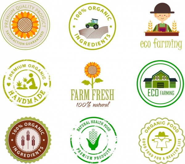 농장 제품 logotypes 다양 한 평면 모양 격리
