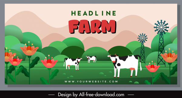 çiftlik sahnesi afiş inekler çiçekler kroki renkli klasik