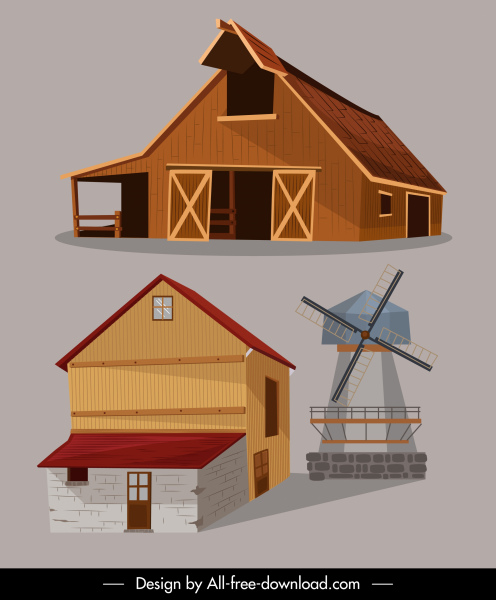 estructuras de granja iconos coloreado 3d boceto