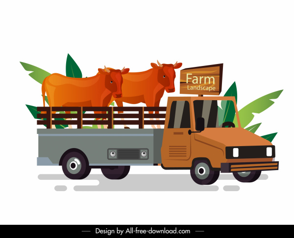 pertanian truk ikon sapi ternak sketsa berwarna-warni klasik