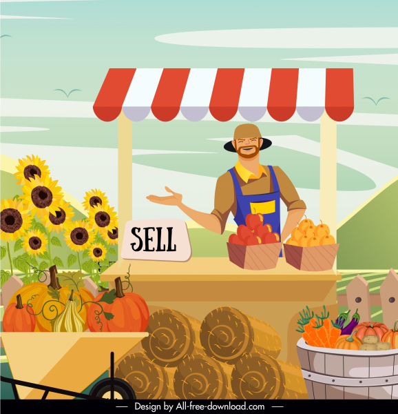 農作業の背景農家の製品販売漫画のスケッチ