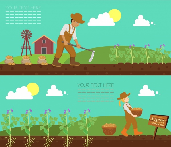 fazenda trabalho banner agricultor planta ícones coloridos dos desenhos animados