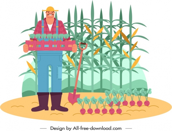 agricultor de pintura trabalho fazenda colheita esboço de ícone dos desenhos animados