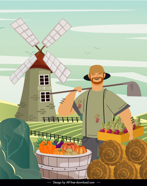 Bauernhof Arbeit Malerei glücklich Landwirt Landwirtschaft Produkte Skizze