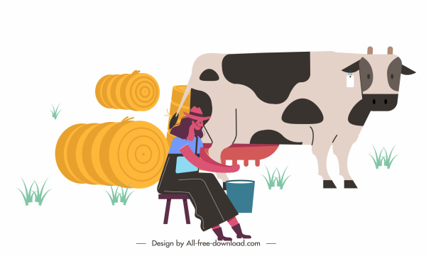 lukisan pekerjaan pertanian wanita sapi sketsa desain kartun