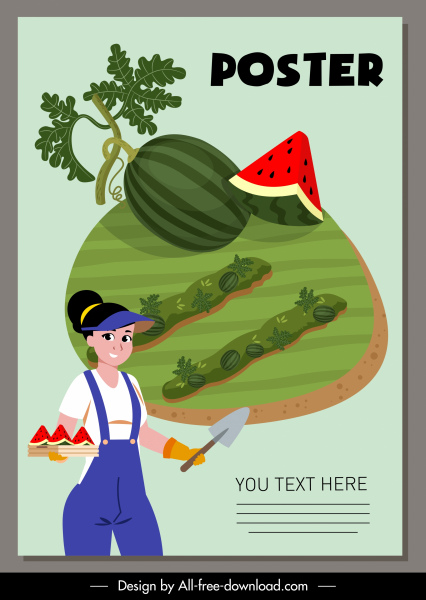 Trang trại làm việc poster nông dân cây dưa hấu phim hoạt hình thiết kế