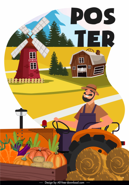 cartel de trabajo de la granja feliz agricultor elementos de las tierras de cultivo bosquejo bosquejo