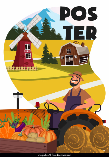 Farm Work Poster Happy Farmer Farmland Elements Sketch