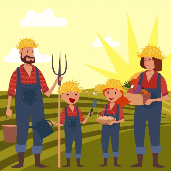 contadino famiglia disegno icone campo paesaggio umano