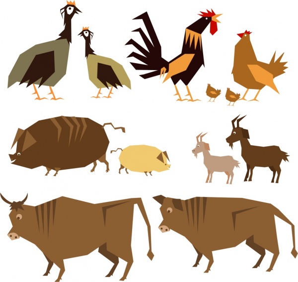 Iconos de animales de granja boceto clásico coloreado
