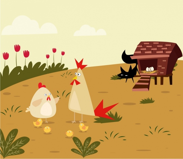 origini agricole pollo gallina gatto dei cartoni animati icone colorate