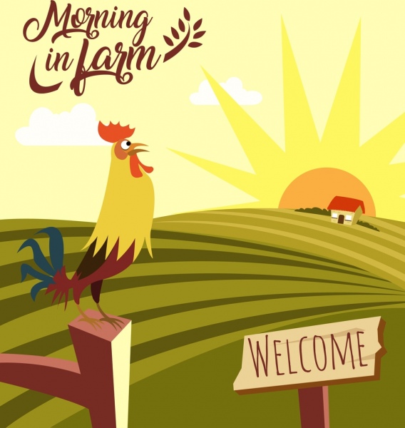 农业领域背景公鸡太阳图标装饰