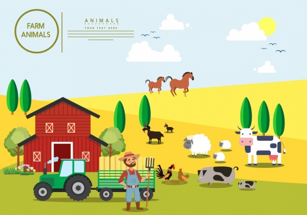 الزراعة الخلفية الملونة تصميم الرسوم المتحركة الأبقار الايقونات