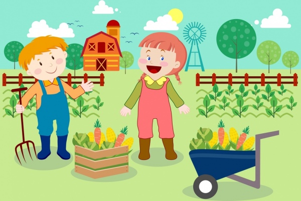 農業背景かわいい子供たちアイコン色とりどり漫画デザイン