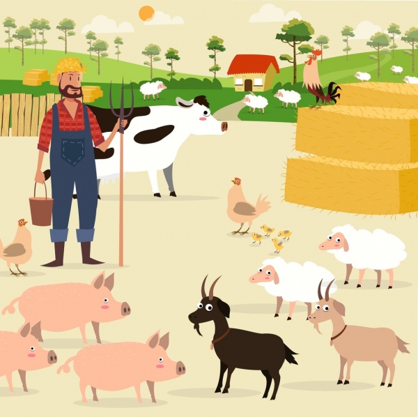 landwirtschaftlichen Hintergrund Landwirt Rinder Geflügel Symbole farbige cartoon