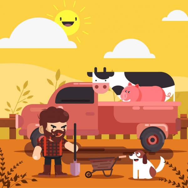 hodowli tło rolnik ciężarówka bydła ikony kreskówka projekt